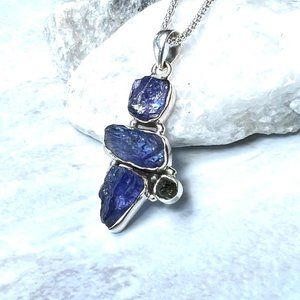 Solid 925 Sterling Silver Very Rare Natural Raw Moldavite and Tanzanite Pendant
